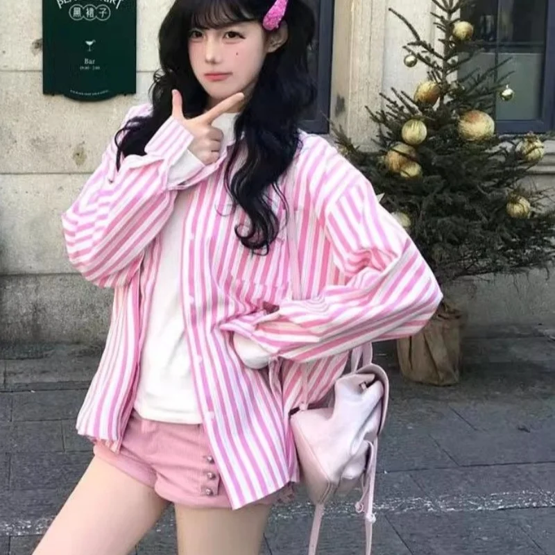 

Mori Girls Sweet Pink Striped Oversize Button Up Shirts POLO Collar Long Sleeve Casual Blouse Korean Fashion College Women