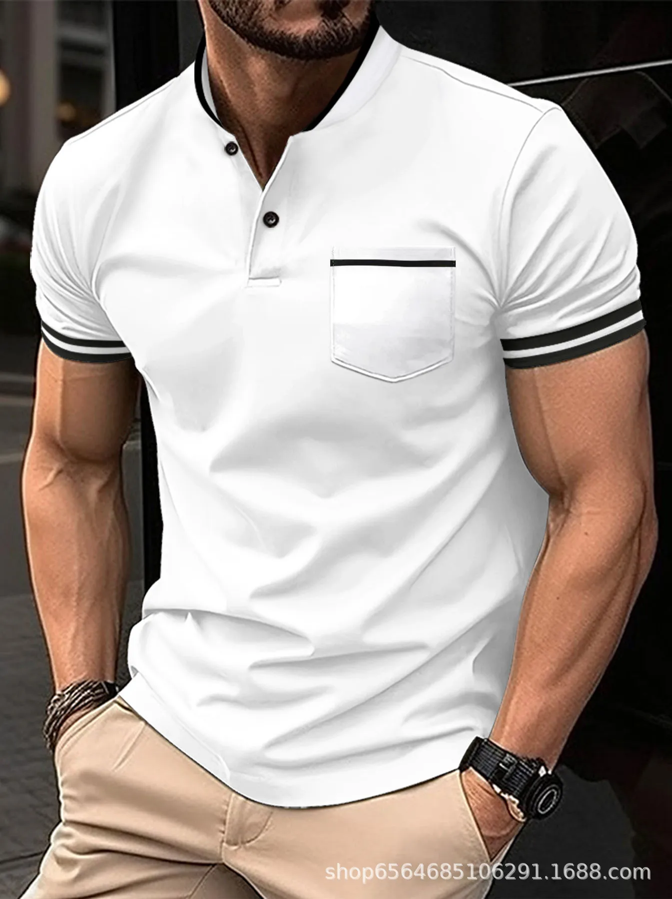 2024 summer new men\'s casual slim fashion short-sleeved solid color standing collar pocket Polo shirt