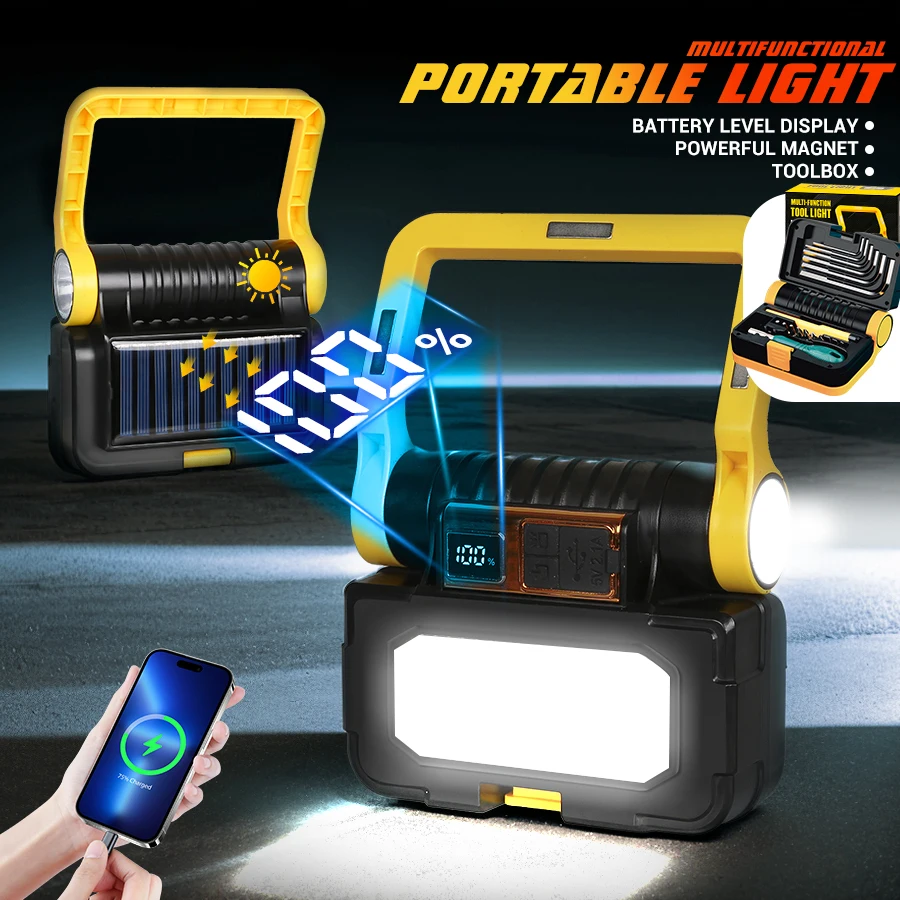 

COB LED Solar Work Light Rechargeable LED Flashlight Inspection Lamp with Magnetic Hook Built-in Hardware Toolbox Portable lamp