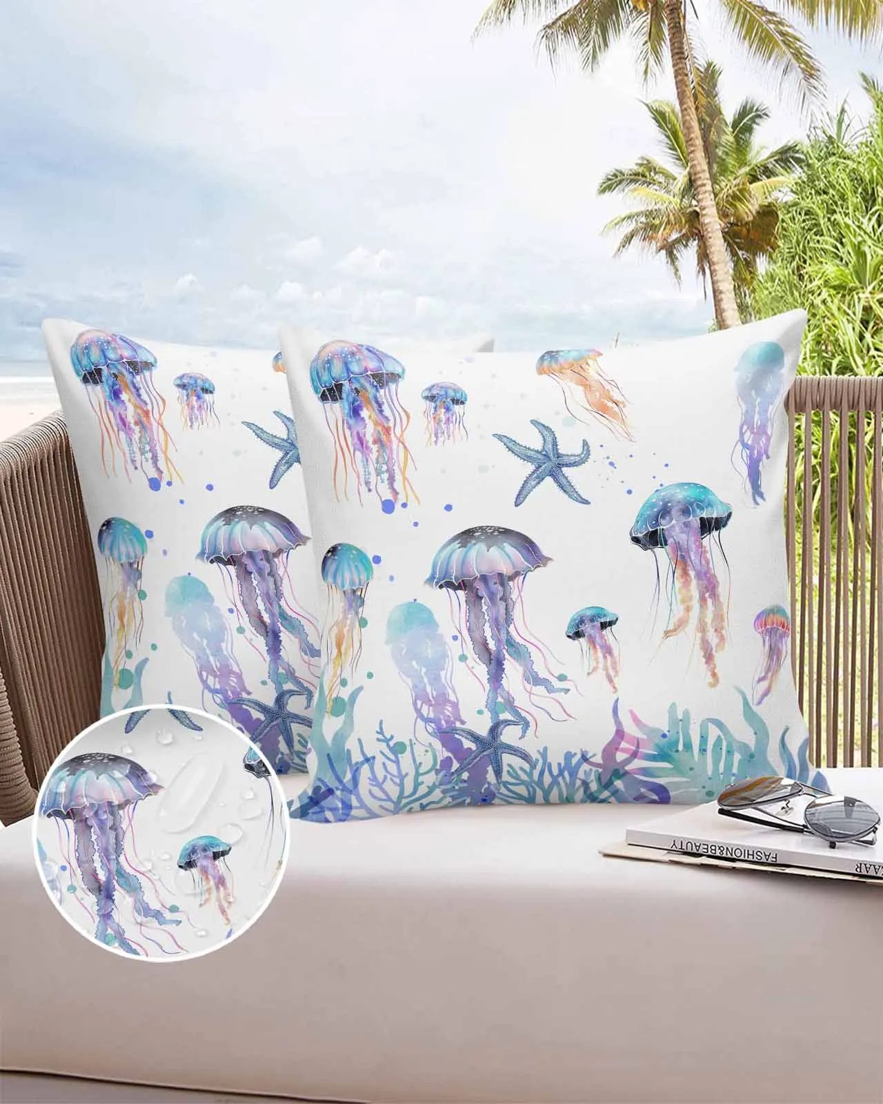 غطاء وسادة بألوان مائية من نجم البحر ، غطاء وسادة قنديل البحر البحري ، مقاوم للماء ، مكتب ، أريكة ، سيارة ، ديكور منزلي