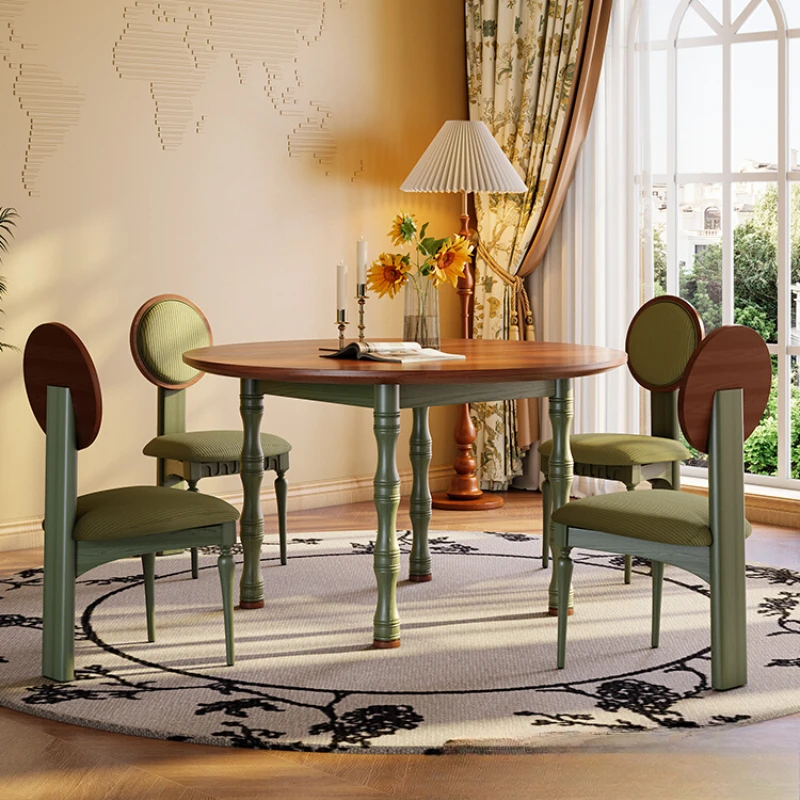 

Solid wood round dining table small apartment French retro round table chair green antique ash wood dining table and chair combi