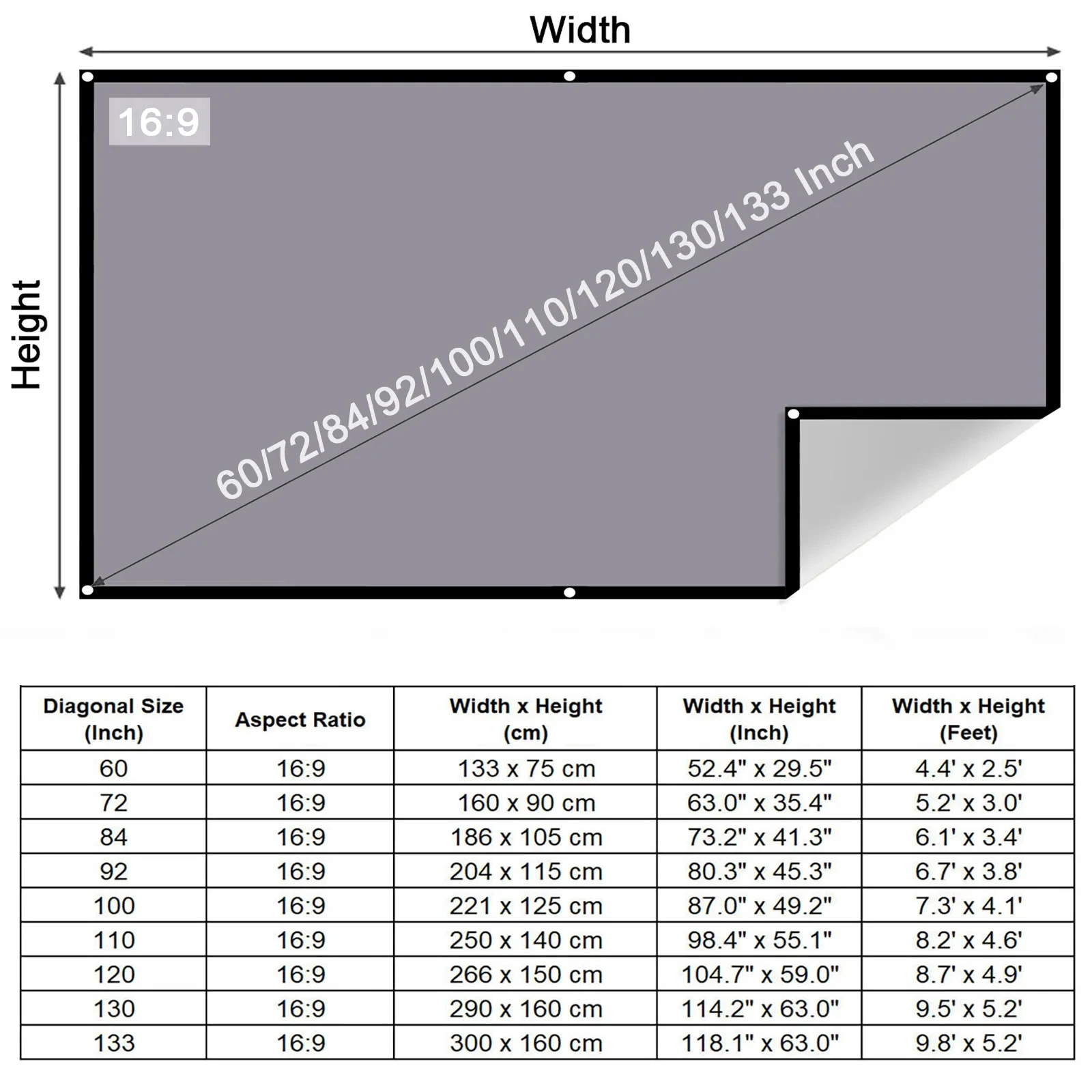 Projection Screen 16:9 Anti-Light Material Universal Projector Curtain Metal Reflective Cloth Fabric with Black Border& Eyelets