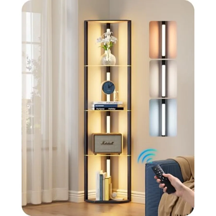 Floor Lamp with Shelves, 5-Tier Glass Display Shelf with Remote/Foot Control, 5CCT and Dimmable Corner Shelf Lamp, Open Display