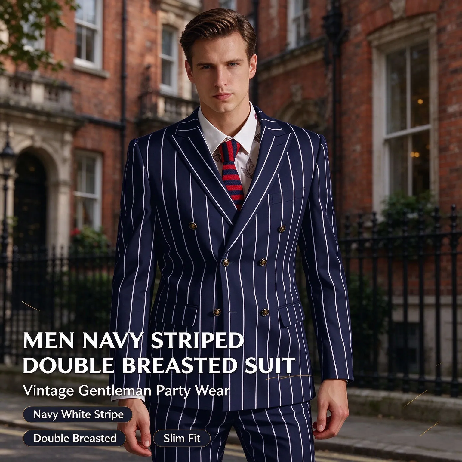 Men's Pinstripe 2 Piece Suit Set Peak Lapel Double Breasted Slim Fit Striped Tuxedo Suit For Wedding Prom Business Formal