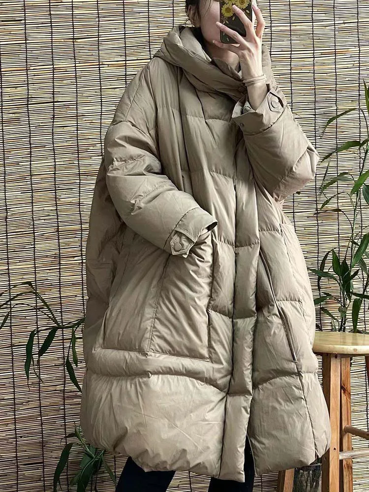 Schinteon Women White Duck Down Long Jacket with Hood Loose Over Size Coat Autumn Winter Warm Outwear Korean Style Big Pockets