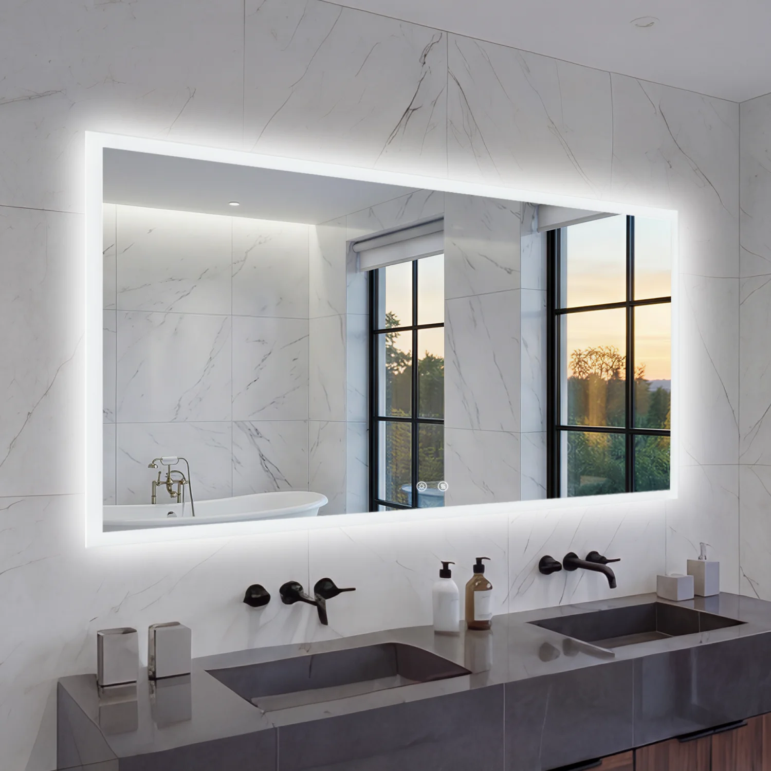 100/120CM Rectangular LED Bathroom Mirror Frameless Wall Vanity Mirror Smart Memory Function Touch Antifog 3 Colors Temperature