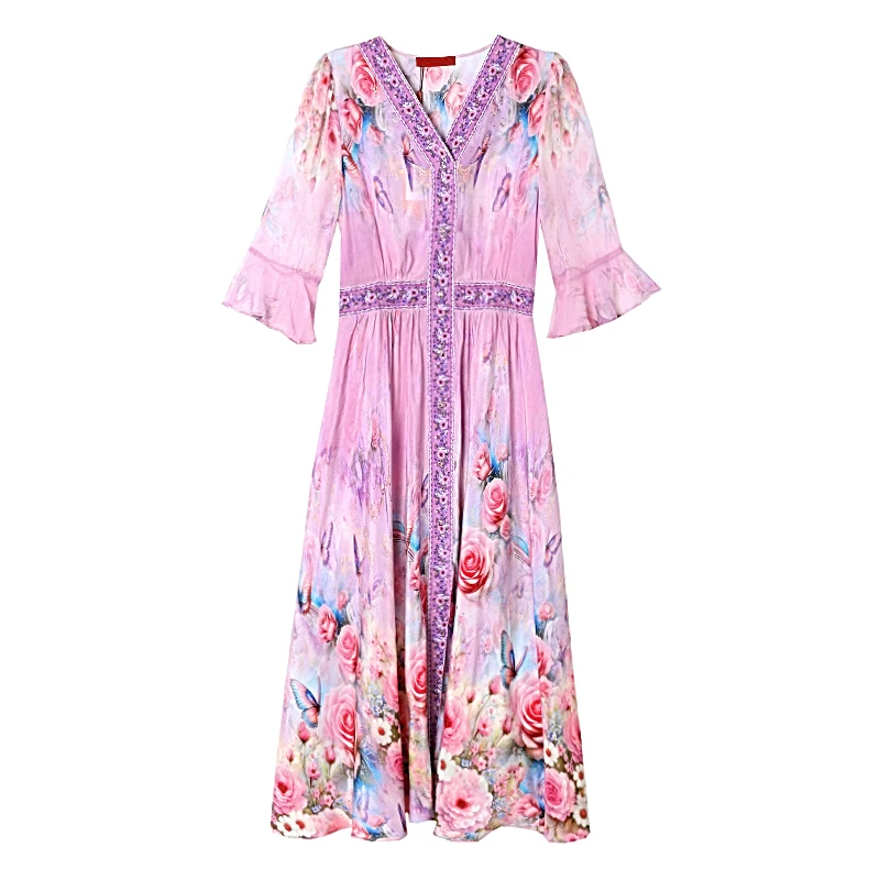 Summer Spring Holiday Boho Beach Hepburn Maxi Vestidos Women's Vintage Print Elegant Evening Prom 2025 Luxury Silk Midi Dress