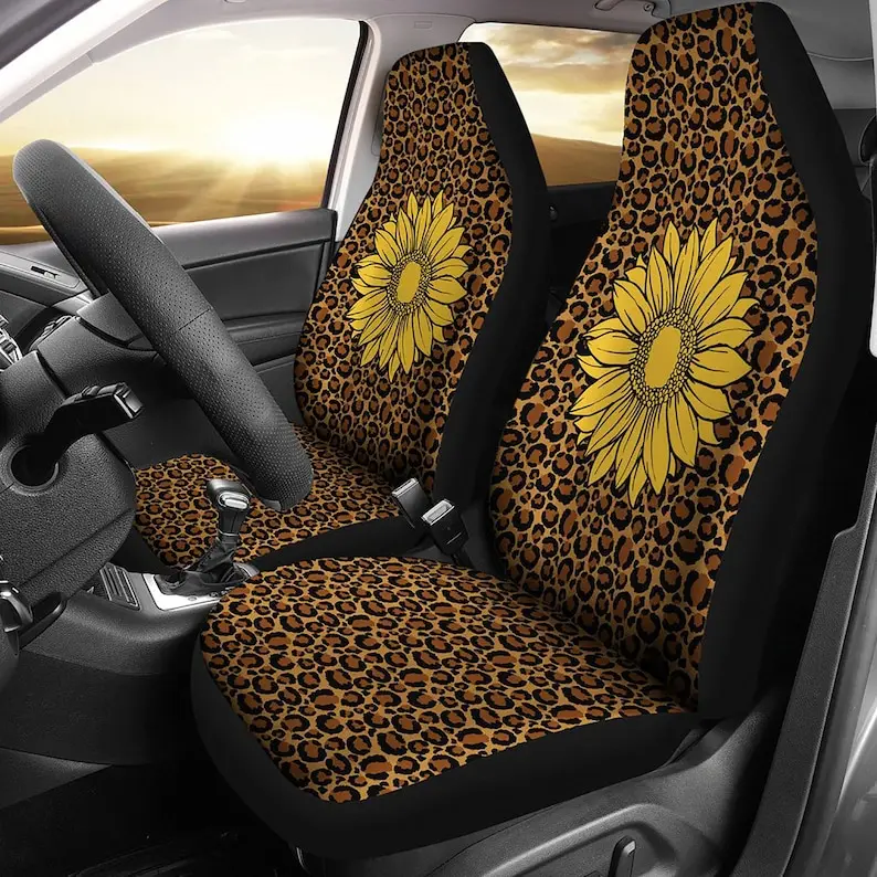 Leopard Skin Car Seat Covers Set With Sunflower Design Universal Fit For Bucket Seats In Cars and SUVs