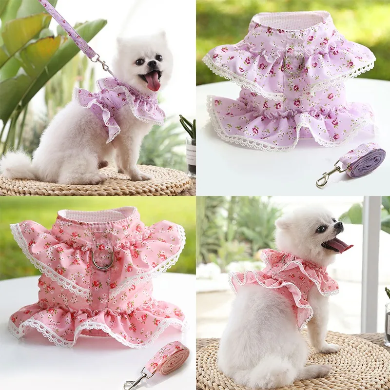 Girl Dogs Harness Leashes Collars Sets Adjustable Luxury Flower Breathable Vest No-Pull Cute Mesh Pet Puppy Cat Safety Harness