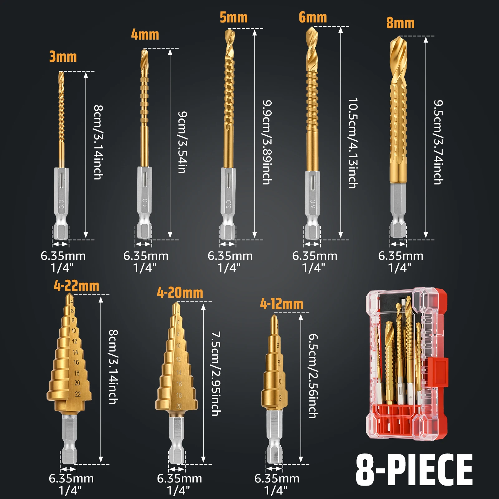 HSS Drill Bit Set 8Pcs Step Cone And Twist Saw Drill Bits For Metal Wood Aluminum Hole Cutter Hole Punching Tool With Case