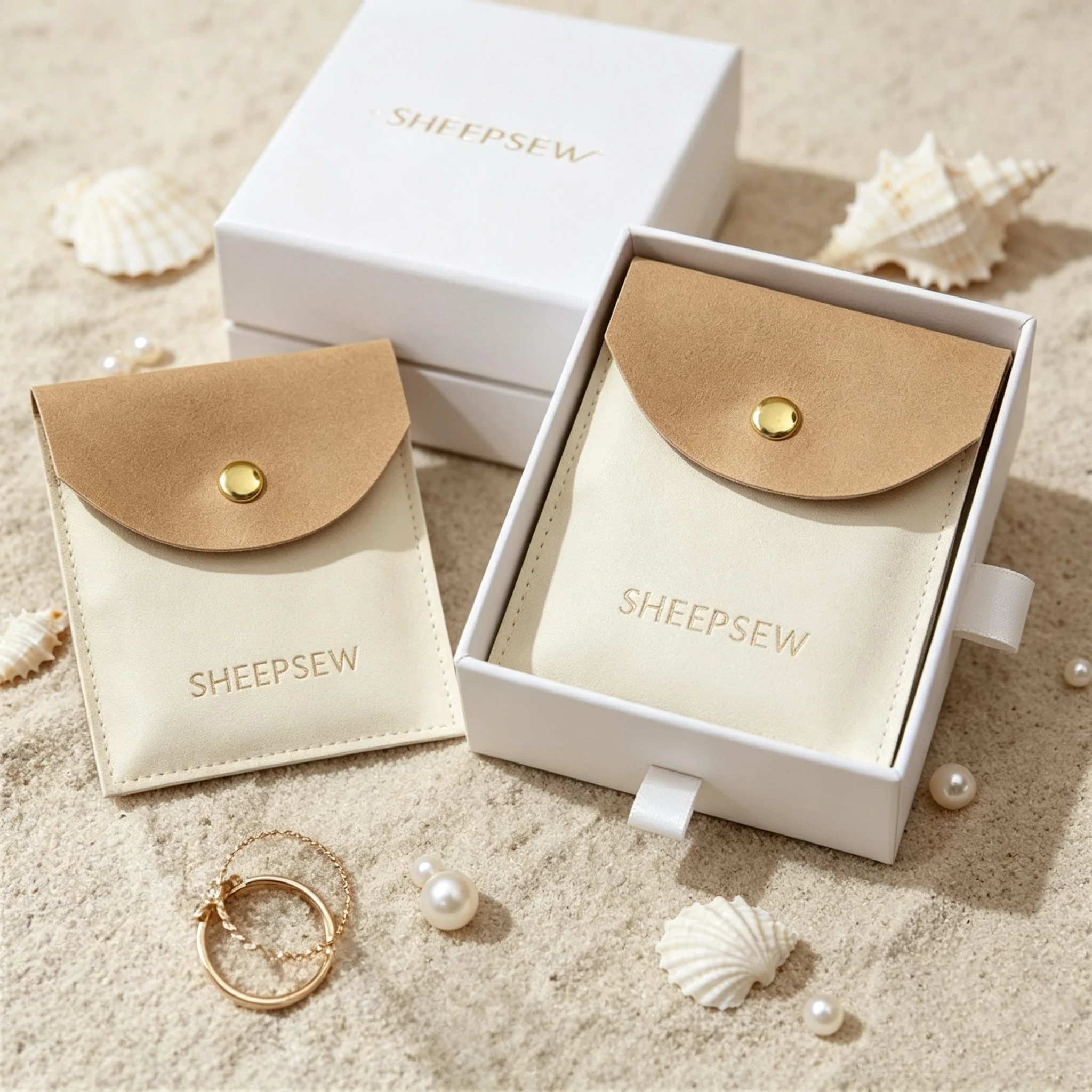 SheepSew Elegant Microfiber Snap Closure Jewelry Bag Custom Debossed Logo Portable Storage Pouch For Pearl Rings Necklaces Holid