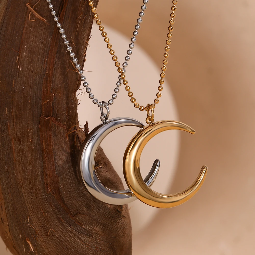 MamacitaSlay Elegant Stainless Steel Moon Pendant Thin Beaded Chain Necklace 2025 Party Waterproof Jewelry Women\'s Elegant Gift