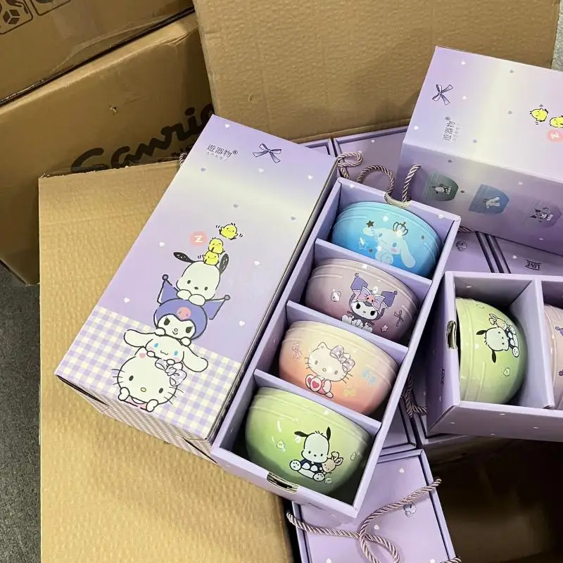 4pcs Sanrio Cutlery Kawaii Kuromi Cinnamoroll Pochacco Japanese New Home Cartoon Ceramic Bowl Set Gift Box