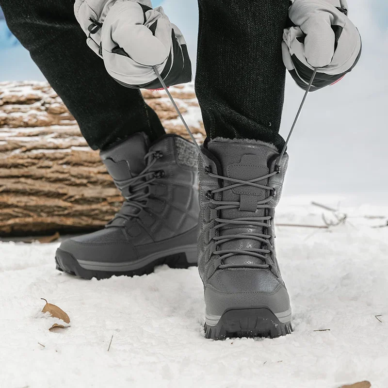 New Warm Plush Men\'s Snow Boots Lace Up High Top Men\'s Boots Waterproof Winter Ankle Boots Outdoor Anti-Slip Men Hiking Boots
