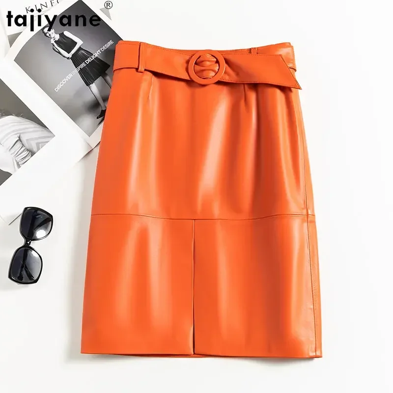 Tajiyane 100% تنورة جلدية أصلية للنساء 2023 تنانير أنيقة عالية الخصر موضة كورية من جلد الغنم الحقيقي تنورة جلدية متوسطة الطول