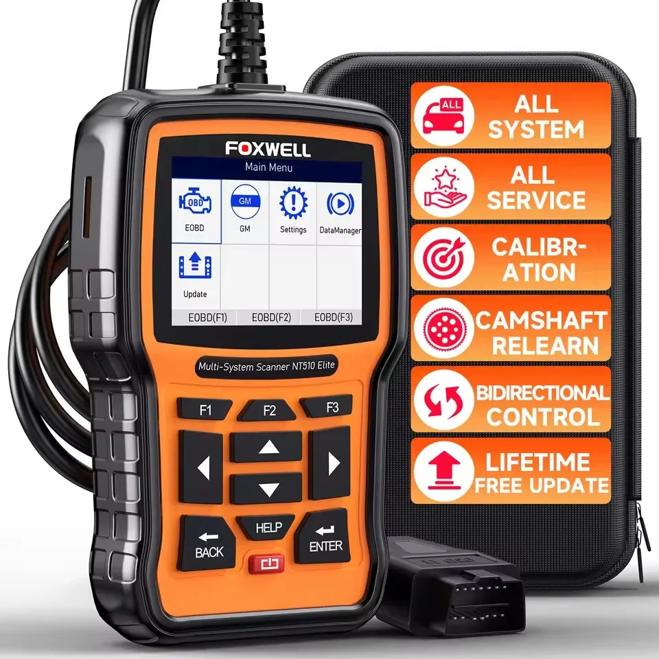 FOXWELL NT510 Elite OBD2 escáner automotriz todos los sistemas codificación ECU bidireccional IMMO A/F 30 + restablecer OBD 2 herramientas de diagnóstico de coche