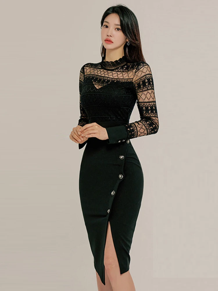 Vintage Elegant Formal Fake 2 Piece Dress for Women Retro Sexy Sheer Lace Single Breasted Slit Robe Work Party Mujer Vestidos