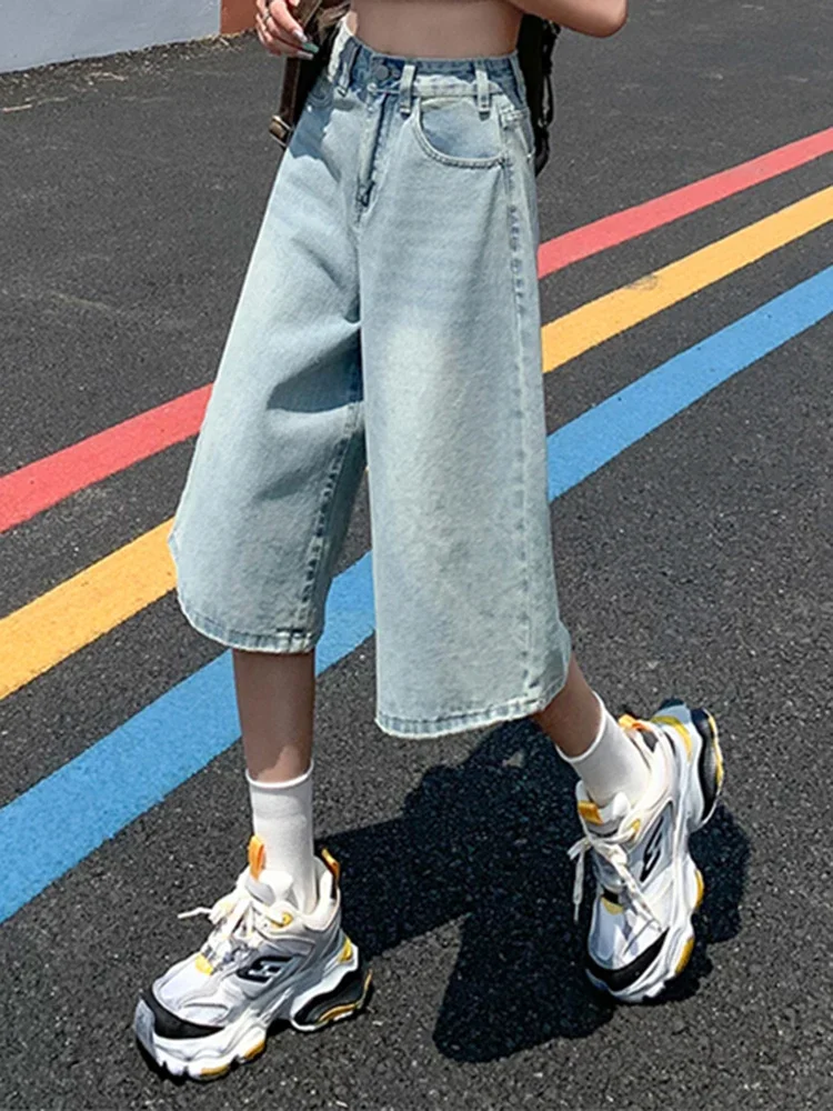 LIBIELIY Female Summer American Vintage Baggy Denim Cropped Pants Woman High Waist Washed Wide Leg Jeans Light Blue Loose A Lin