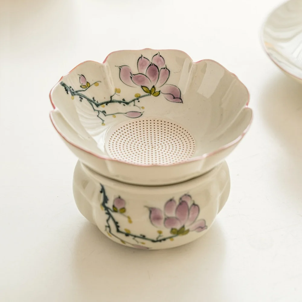 Ceramic Kitchen Perforated English Tea Strainer With Tea Cup Hand Drawn Flower Shaped Tea Infuser Porcelain