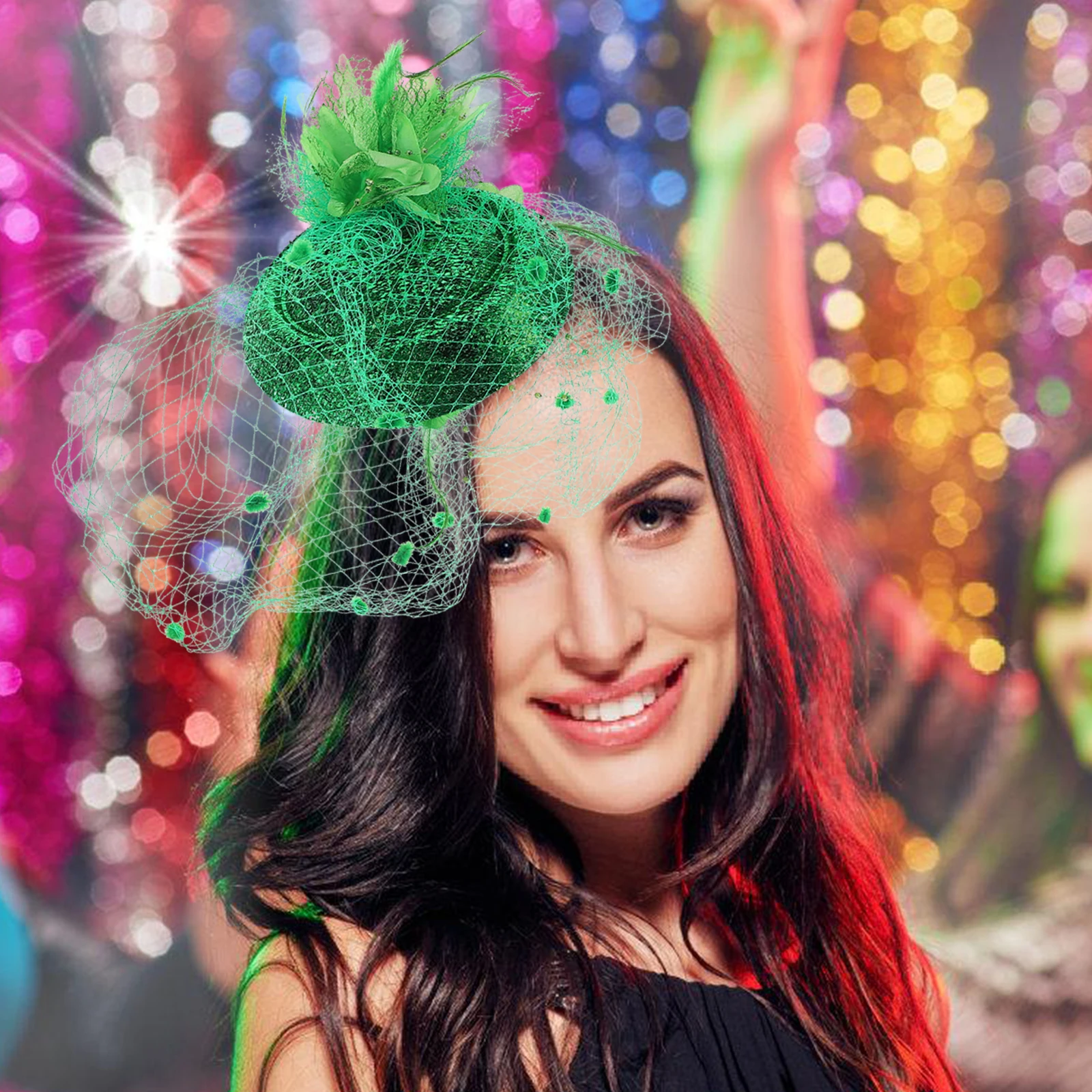 

Retro Green Fascinator Hat with Delicate Veil Mini Headpiece for Women St Patrick's Day Holiday Party Tea Event Accessory