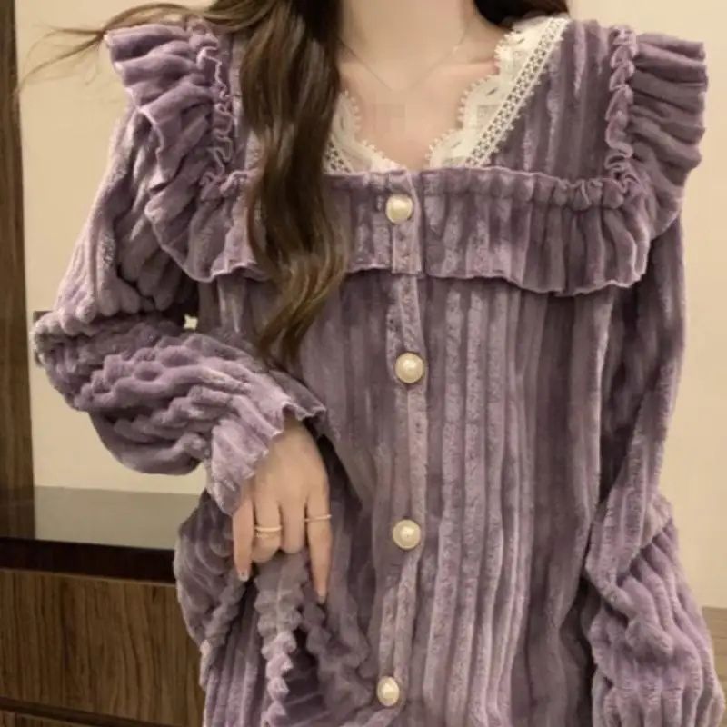 Women New Purple Striped Flannel Pajama Set Sweet Lace Ruffle Pearl Button Long Sleeve Warm Homewear Autumn Winter Comfort Set