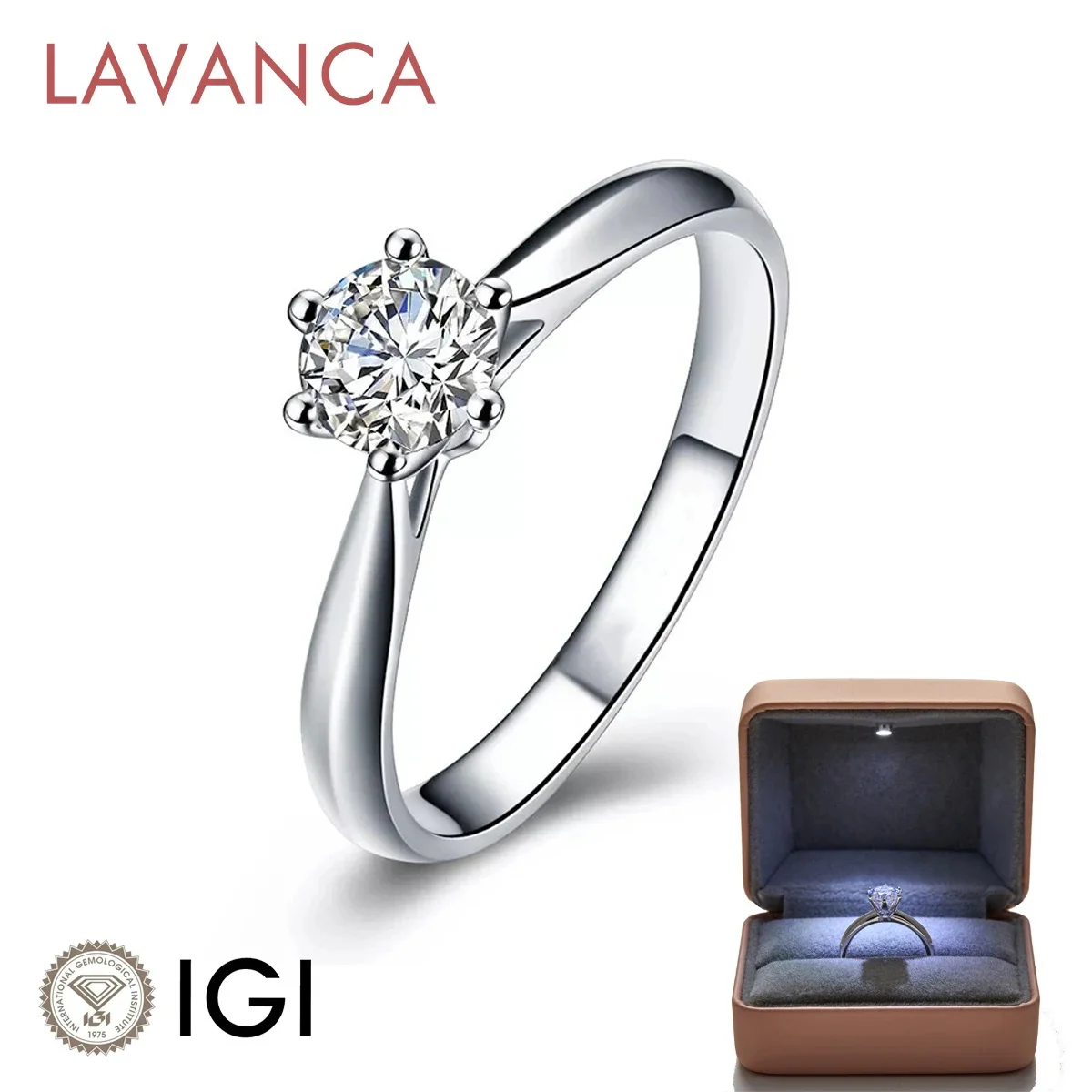 LAVANCA-18K Anel De Casamento De Ouro, Anel De Diamante Real, Diamantes Lab Grown, Anel Clássico Solitaire, 6 Prong, 0.3ct-3.0ct, D VS-VVS, IGI