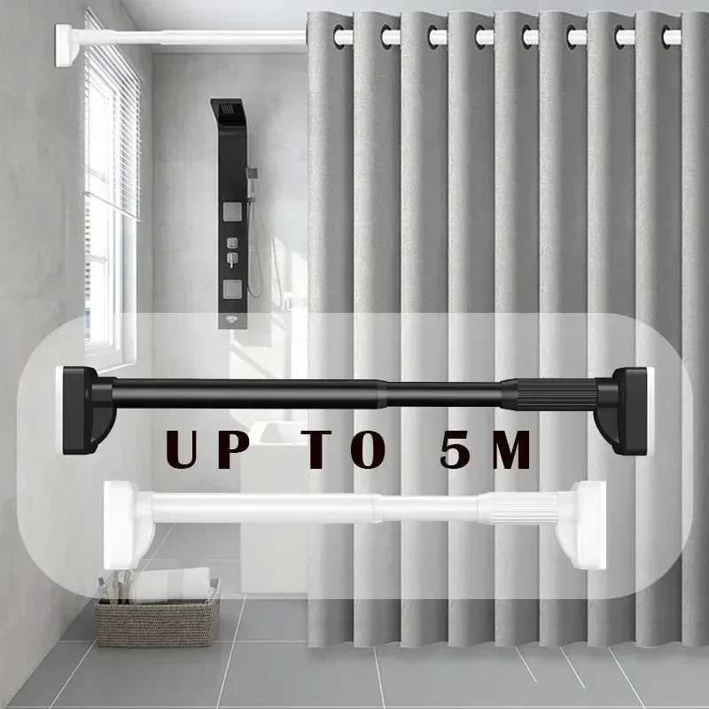 Up To 5M White Shower Curtain Rod Adjustable Stainless Steel Tension Telescopic Rod for Bathroom Windows No Drill Simple Bracket