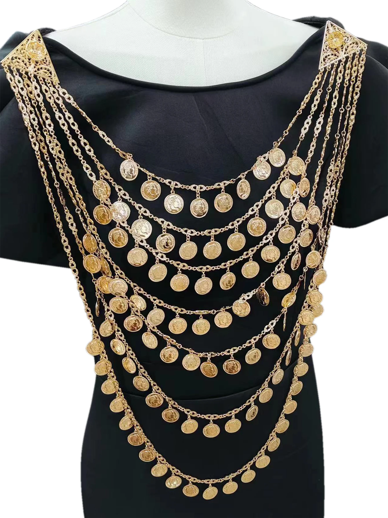 New Algerian Bridal Jewelry Multi Chain Full Handmade Coin Large Necklace Head Chest Chain Arab Wedding Dress Body Jewelry
