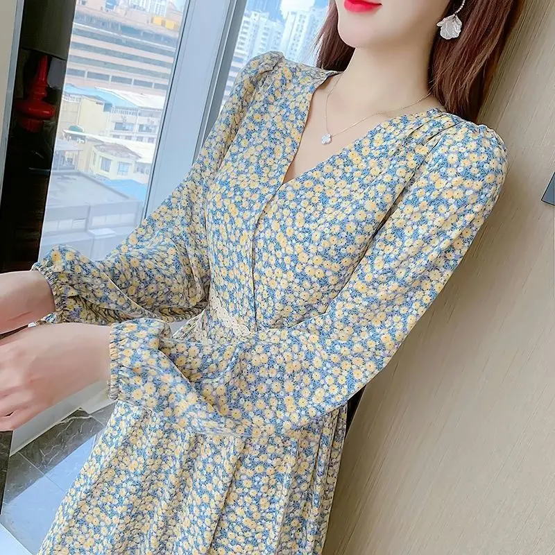 French Floral Chiffon V-Neck Mid-calf Dresses Spring Summer Dignified Lace Fairycore Women's Clothing Gentle Style Slim Pullover