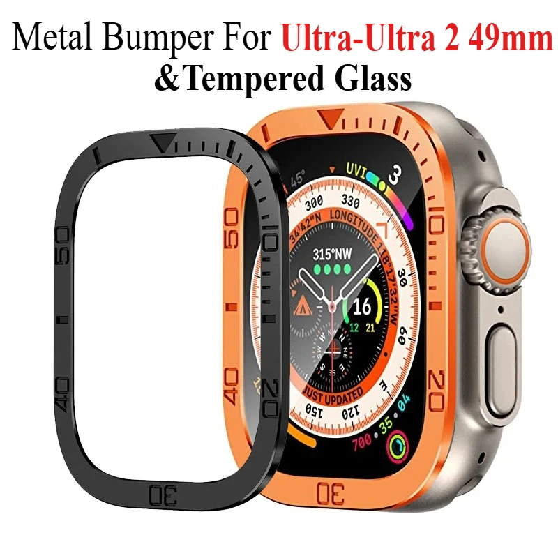 واقي شاشة لساعة أبل الترا 49 مللي متر ملحقات حافظة إطار غطاء معدني + زجاج مقسى لساعة iWatch Ultra 2 49 مللي متر حلقة الحافة
