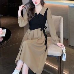 Spring Summer Fake Two Piece Bandage Elegant Fashion Dress Lady Long Sleeve Casual All-match Midi Vestidos Female Robe Dresses