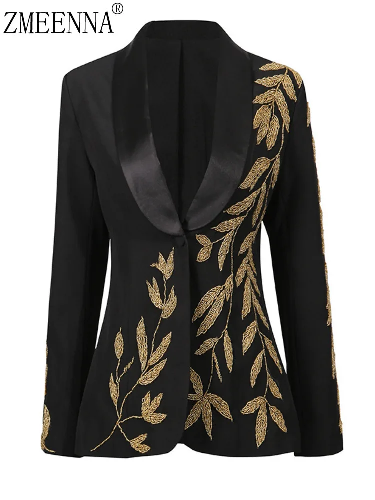 

ZMEENNA Womens Elegant Black Blazer Gold Leaf Embroidery Satin Lapel Single Button Jacket Party Outerwear ZM4646