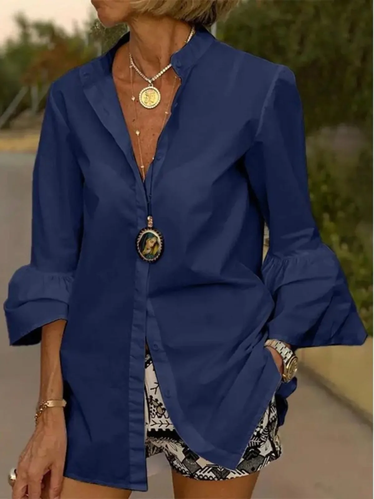 قميص نسائي متوسط الطول بأكمام واسعة، قميص بأكمام طويلة على شكل جرس، قميص ميدي أنيق وعصري للعمل، ملابس نسائية