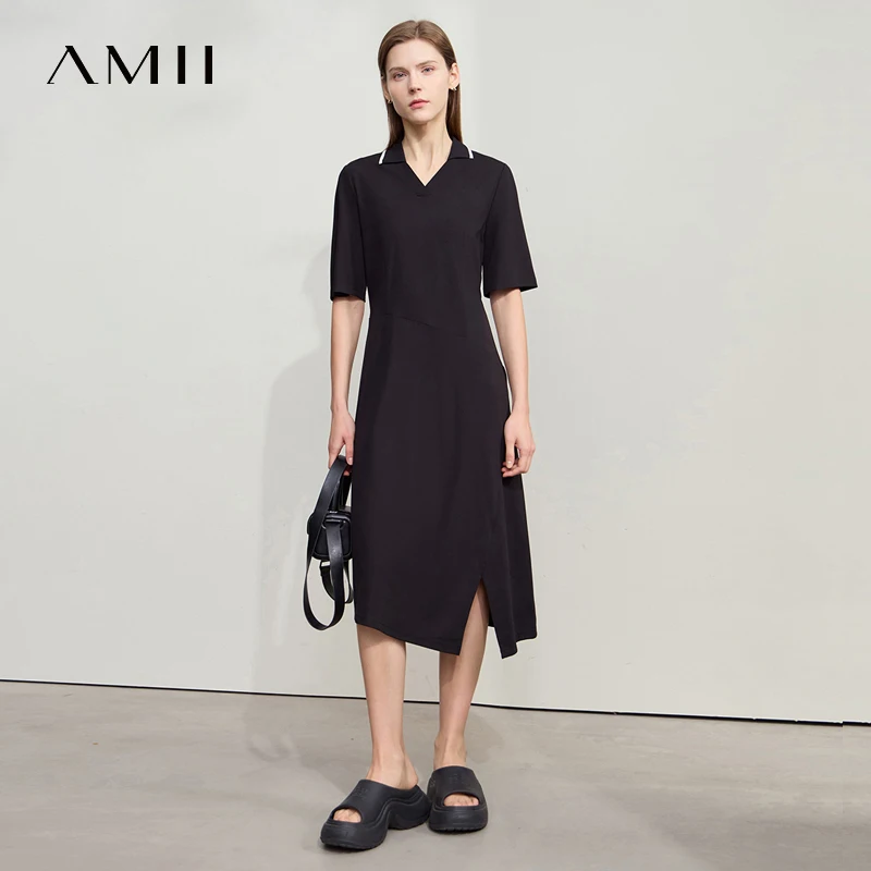

Amii Minimalism Dress 2025 Summer New Women Lapel V-neck Short Sleeve Knit Waisted Office Lady Skinny Slit Midi Dresses 12542166