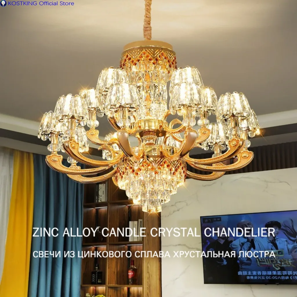 

European Luxury Candle Crystal Chandelier Living Room Bedroom Restaurant Pendant Light Gold Zinc Alloy Duplex Villa Hotel Lamps