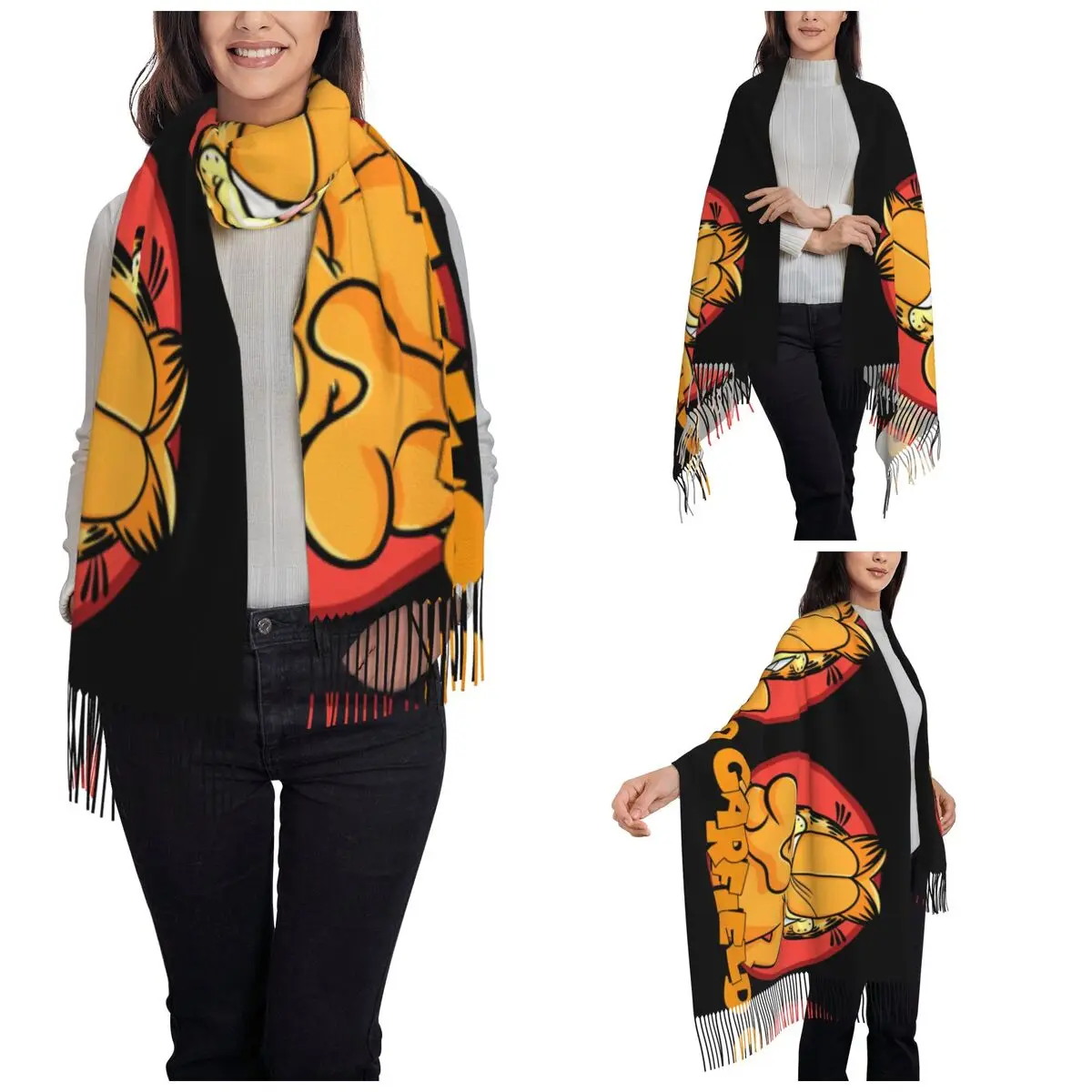 Women's Tassel Scarf G-Garfielded Wink Attractive Large Super Soft Shawl Wrap Cute Cartoon Gifts Cashmere Scarf