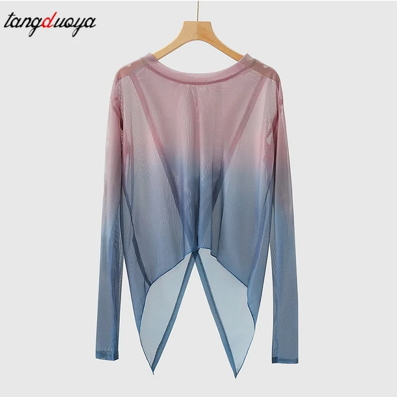 Gauze Top Body Rhyme Stretch Mesh Blouse Gradient Split Folk Dancer Shirt Long Sleeve Basic Wear Thumb Hole