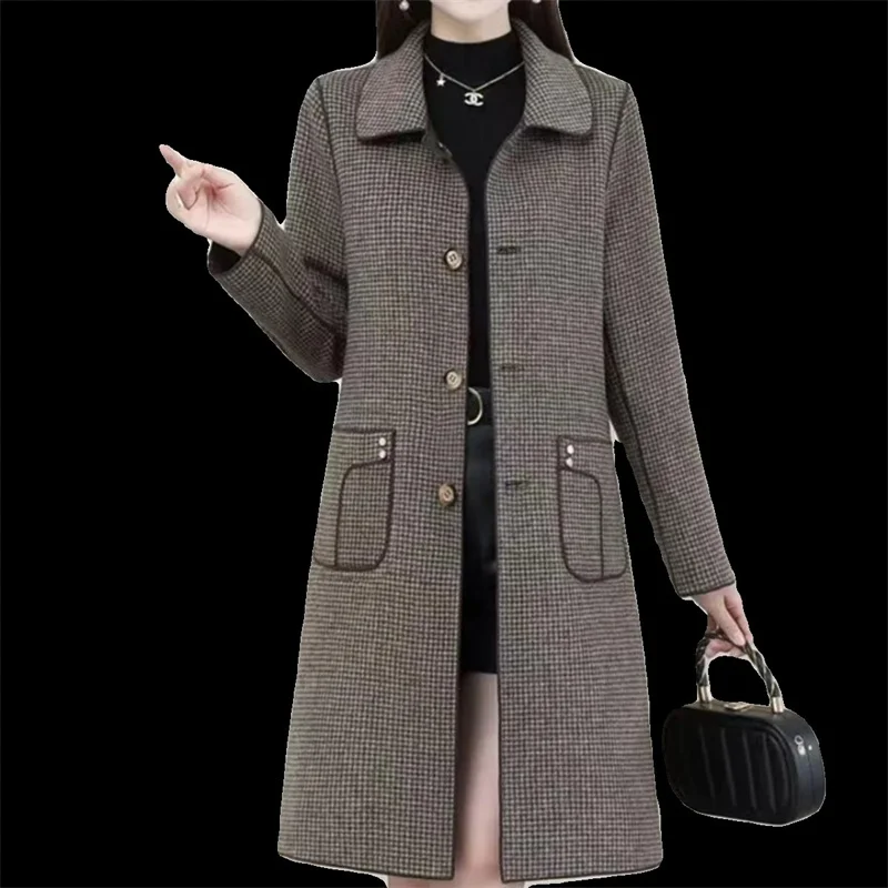 High Quality Spring And Autumn Mid Long Woolen Jacket Slim Fit Middle-Aged Mother Coat Fashion Jacket Double-Sided Plaid Jacket