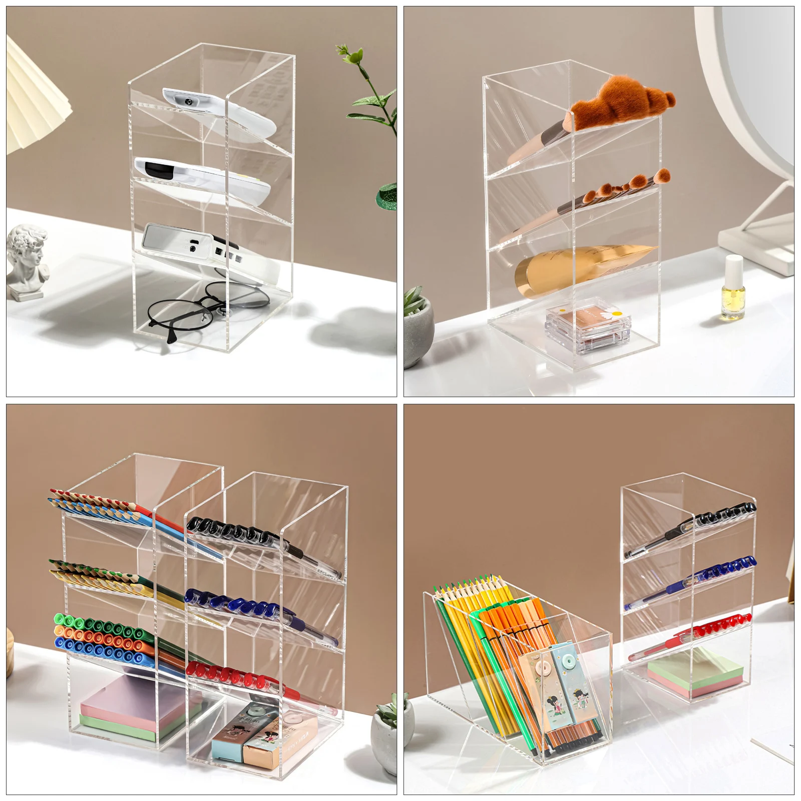 

4 Tiers Acrylic Pen Brush Holder For Desk Office Stationery Organizer Pencil Holder Desktop Storage Rack Transparent Incline