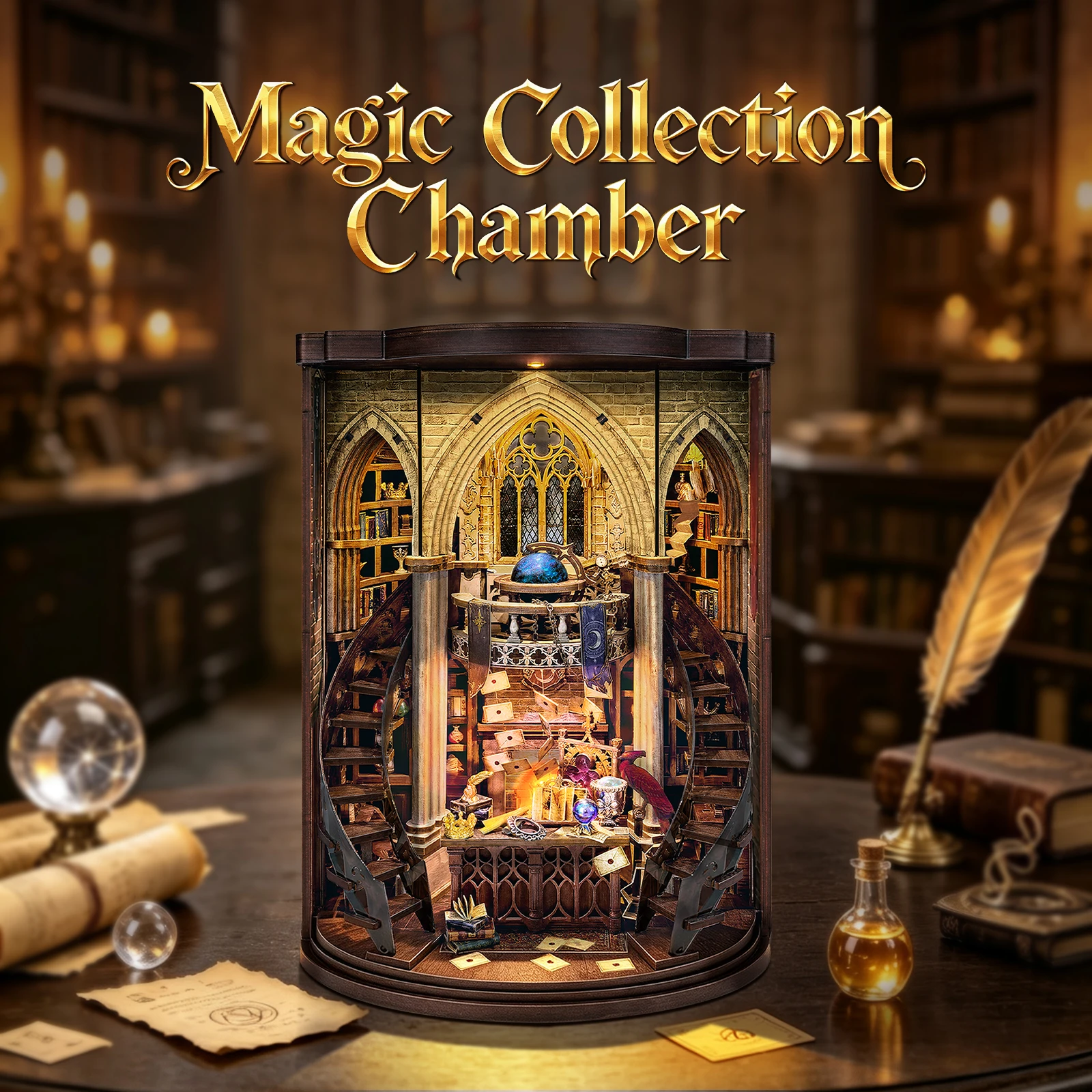 DIY Wooden Book Nook Shelf Insert Kits Miniature Model Kit Magic Collection Chamber Bookend for Friends Birthday Gifts
