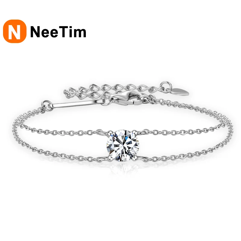 NeeTim 1ct Moissanite Double Chain Bracelets for Women 925 Sterling Silver with Gold Plated Diamond Bracelet Wedding Jewelry