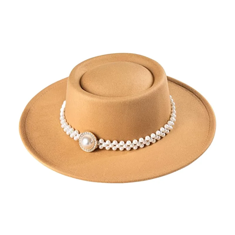 Women White Fedora Pork Pie Hat Felt Wide Brim Vintage Top Hat with Pearl Belt Wide Brim Panama Trilby Cap Autumn winter