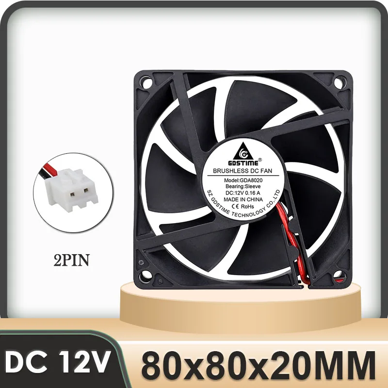 1 Pcs Gdstime 8cm 12V 80x80x20mm 2Pin DC Brushless Cooling Fan 80mm x 20mm 8020 12 Volt PC Computer Case Cooler 80*80*20mm