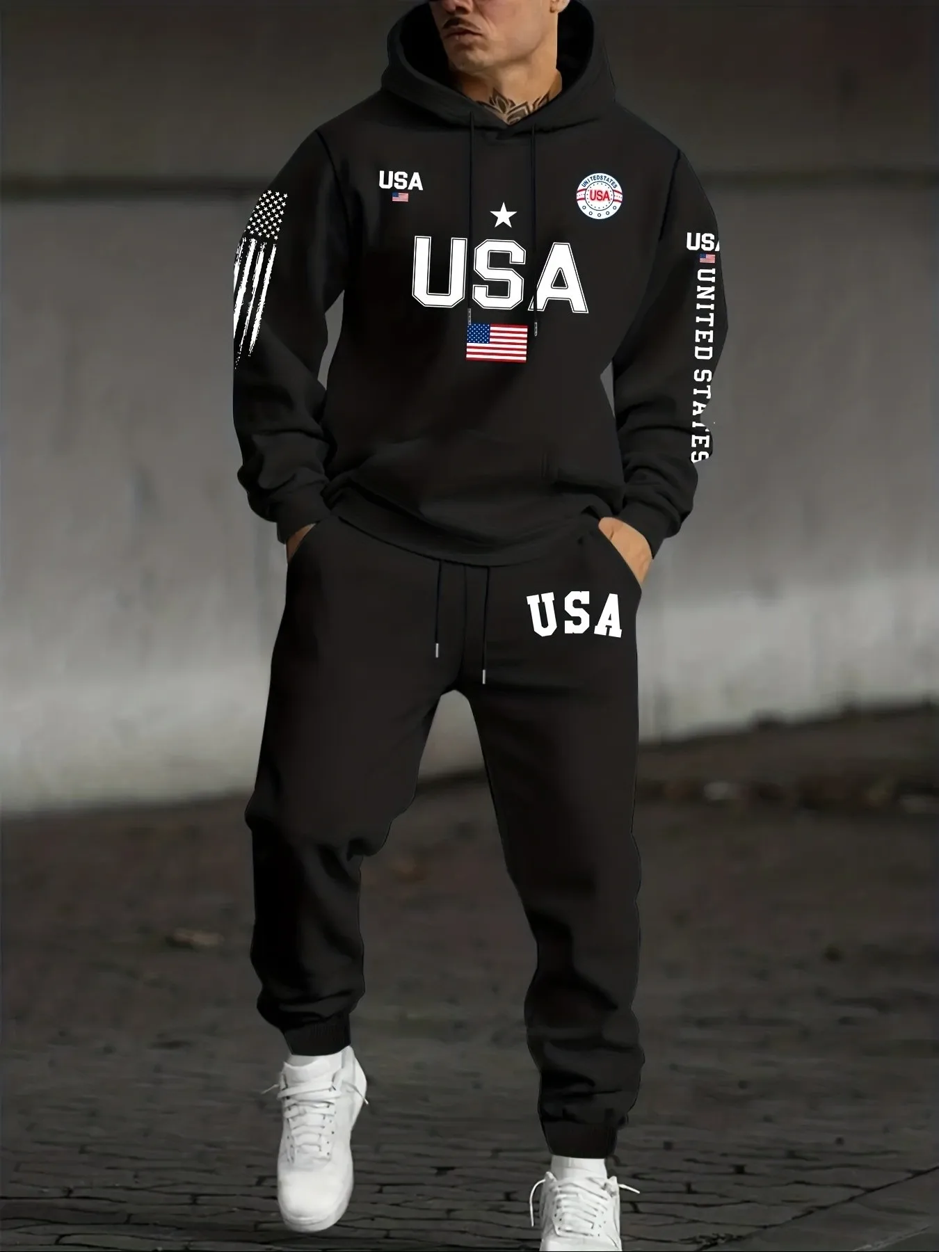 2026 Autumn_Winter Best-selling Streetwear Men's Comfortable Casual 3D Letter Pattern Printed Hooded Sweatshirt and Pants Set