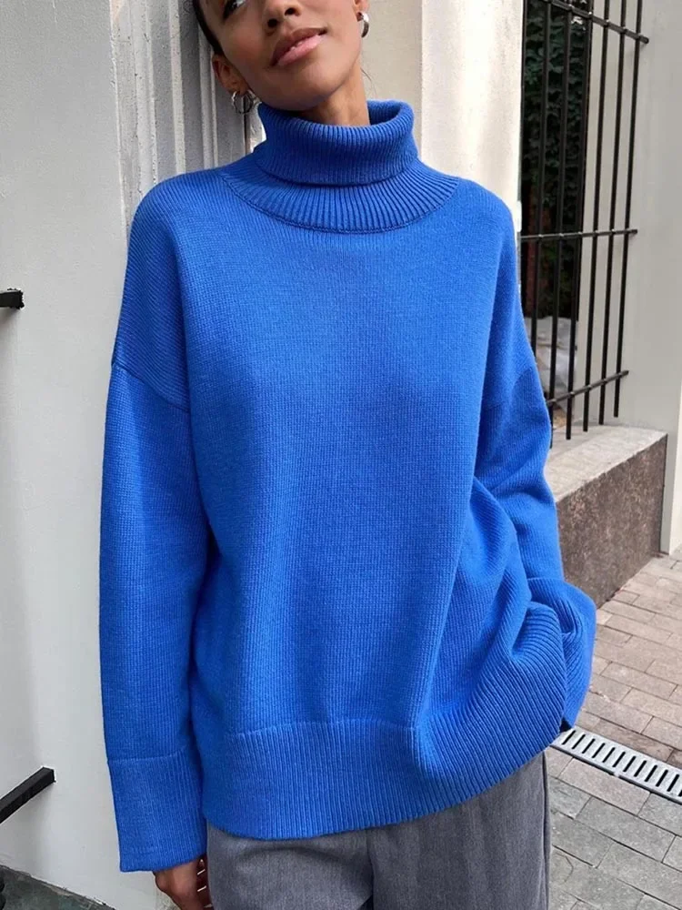 Fashion Women\'s Turtleneck Autumn Winter New Knit Pullover Sweaters Oversized Jumper Loose Casual Solid Blue Green Sweater Woman