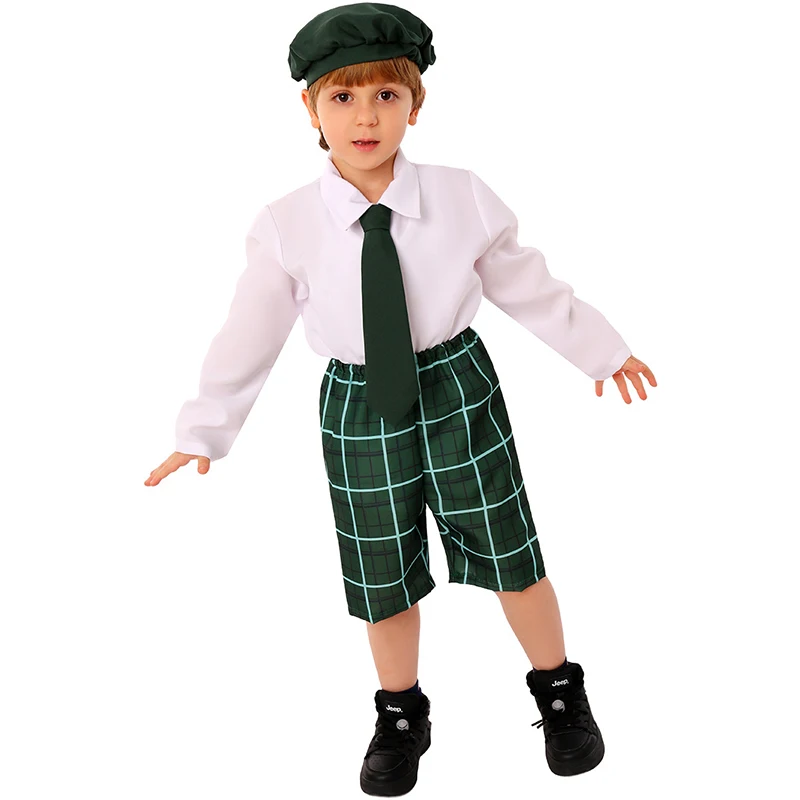 Pantalones de tartán verde para niño, disfraz del Día de San Patricio, conjunto de sombrero con corbata