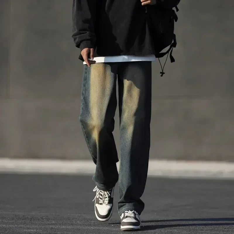 

European and American Retro Smoke Grey Jeans for Men, High Street Straight Tube Casual Denim Trousers in Spring and Autumn S-3XL