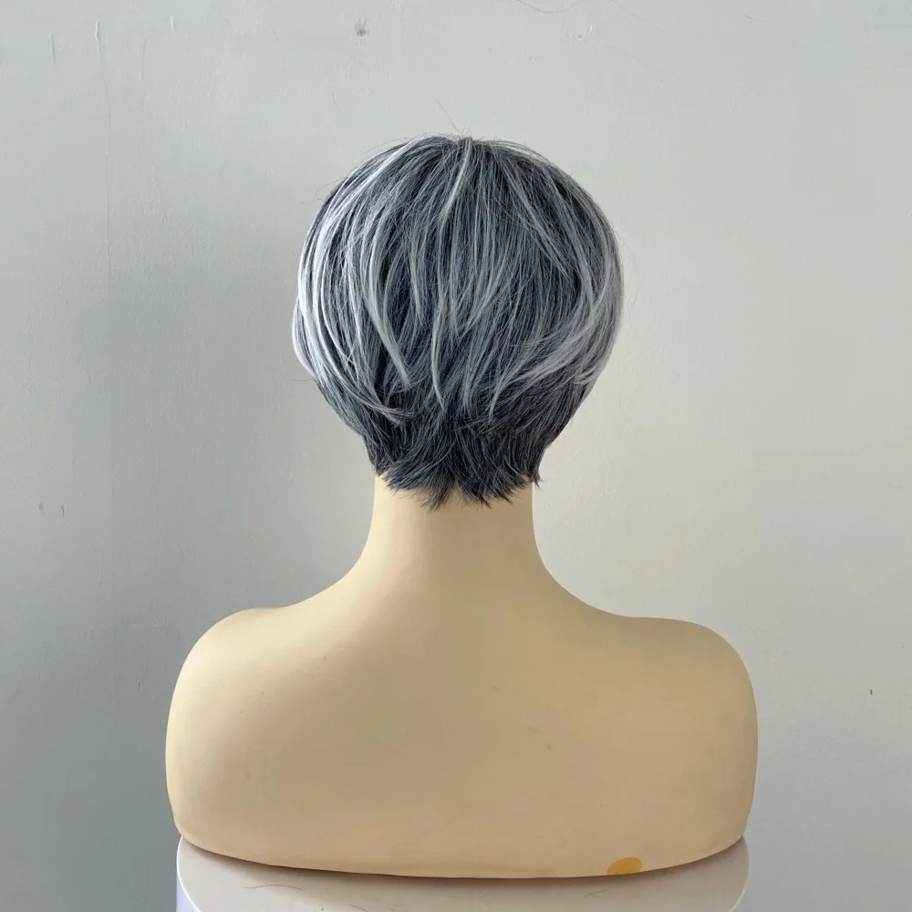Grey gradient mixed color short wig, the perfect wig for middle-aged women in the workplace, with a stylish temperament