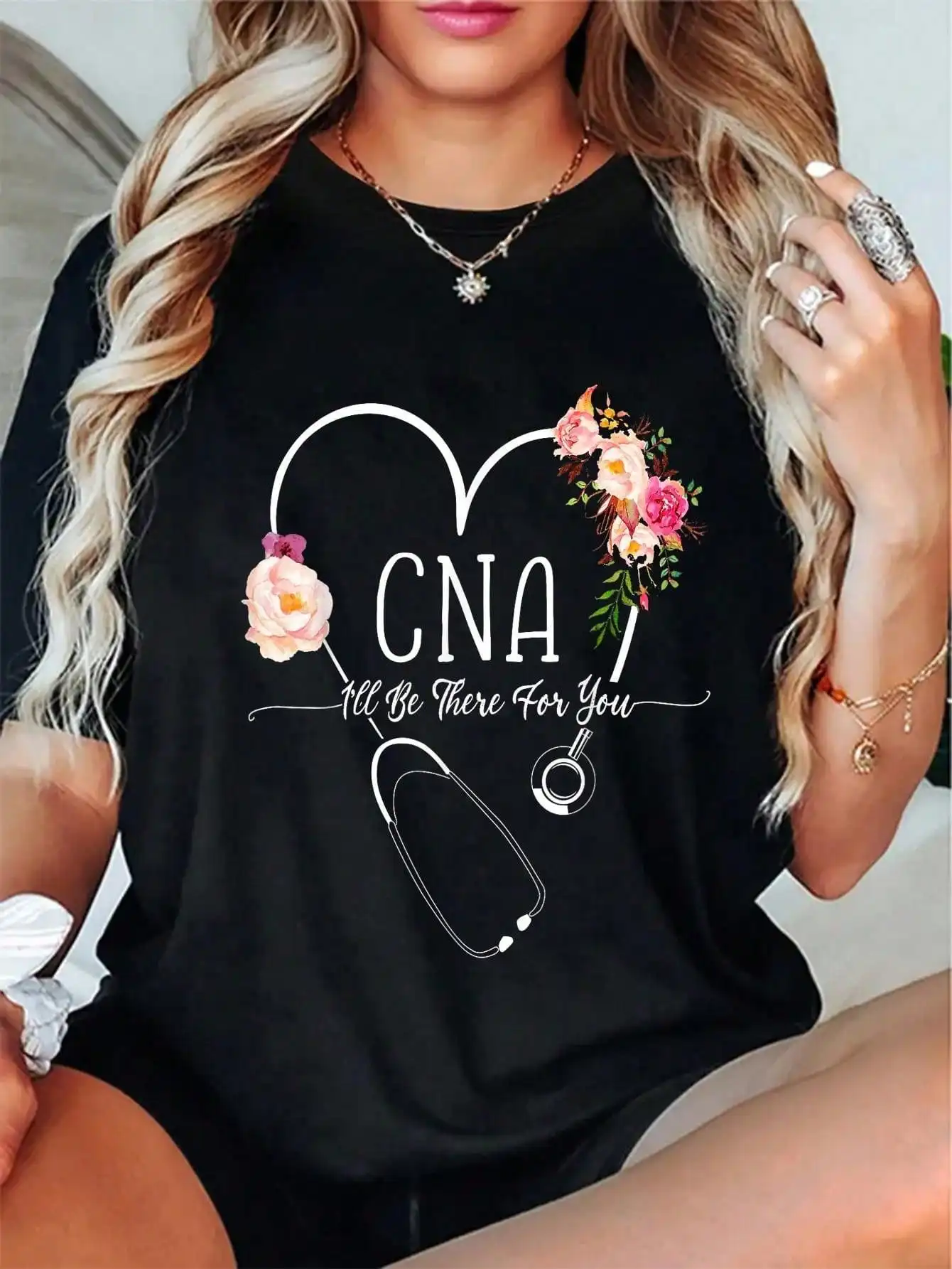 

1pc CNA Alphabet Graphic T-Shirt - 100% Crew Neck Short Sleeve Tee with Medium Stretch, Regular Fit for Women and Men