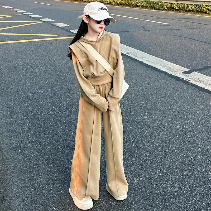 Kawaii Casual Coat Set Fashion 2 Piece Set Children S Clothing Girls Hooded Jacket Loose Straight Leg Pants 2 Piece Set Casual